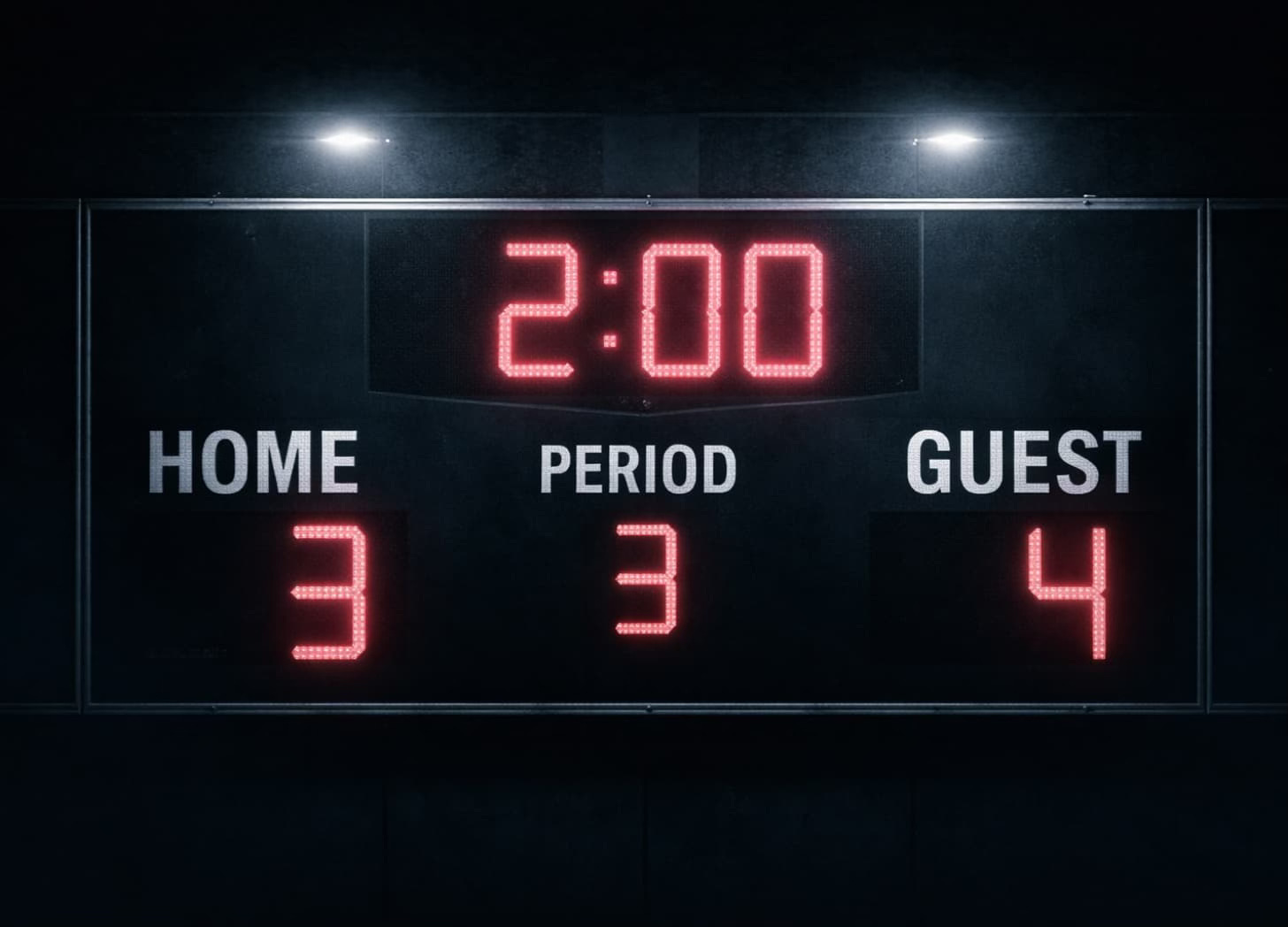 Locker room image (bench with helmets) Alt text: Empty hockey locker room under cold fluorescent light. A long wooden bench sits center frame with two helmets and a pair of gloves laid out, lockers fading into shadow behind. Scoreboard image Alt text: Close-up of an arena scoreboard in dim blue light. Red LED digits show 2:00 remaining, with HOME 3 and GUEST 4 displayed below. Locker room image (bench with helmets) Alt text: Empty hockey locker room under cold fluorescent light. A long wooden bench sits center frame with two helmets and a pair of gloves laid out, lockers fading into shadow behind. Scoreboard image Alt text: Close-up of an arena scoreboard in dim blue light. Red LED digits show 2:00 remaining, with HOME 3 and GUEST 4 displayed below.