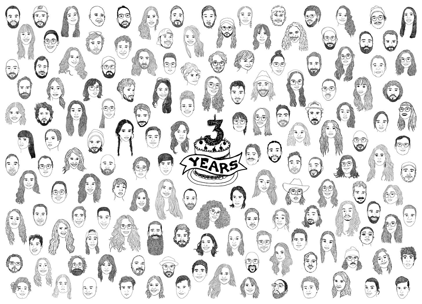 A collage of 149 black and white, hand-drawn faces of TSCML contributors from the first three years, surrounding a central anniversary cake with a large "3" candle and a banner reading "years."