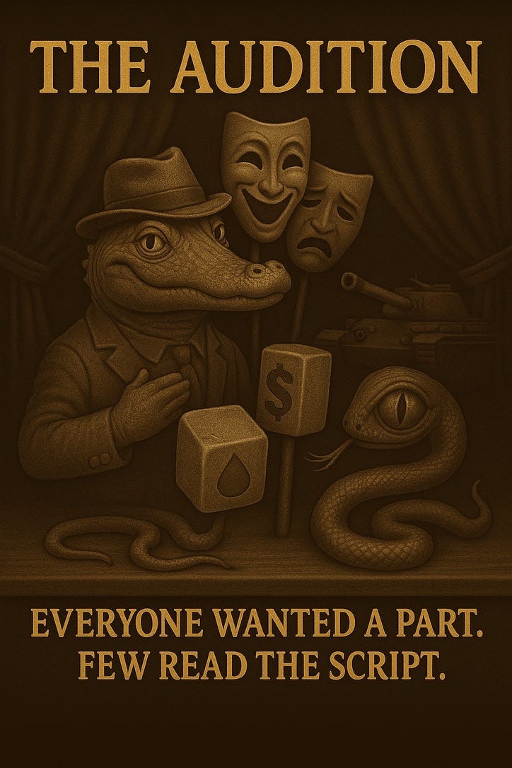 Actors lining up onstage — metaphor for elites auditioning for their cut of the grift.