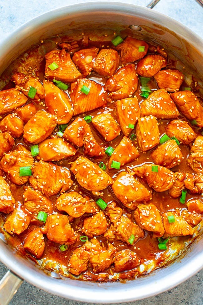 spicy Korean chicken in a metal skillet