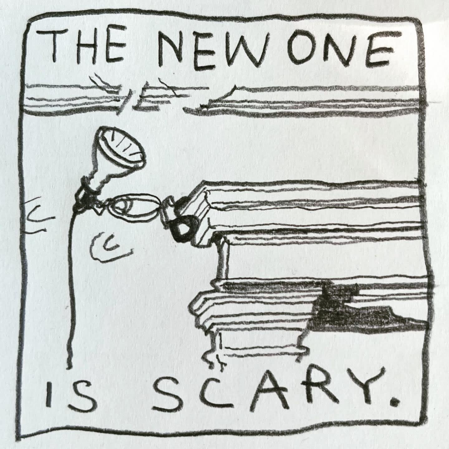 Panel 2: the new one is scary. Image: An architectural drawing of a pillar crowned with fancy molding. A clamp light is attached to the molding, pointing up at the ceiling and casting shadows.