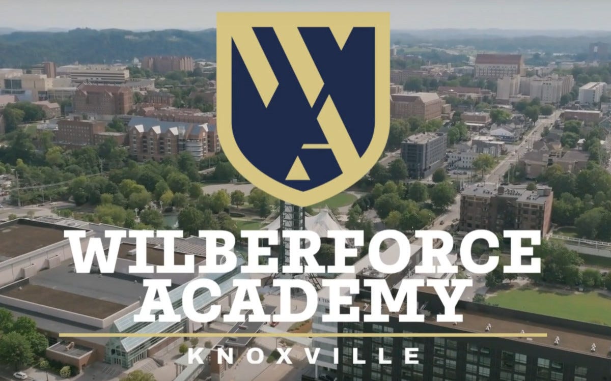 View of Knoxville, Tenn., with the logo and name of the Wilberforce Academy superimposed over it.