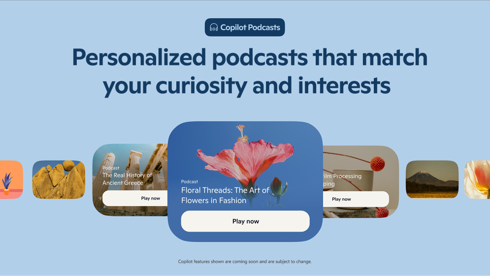 An image of Copilot podcast screen with the words: Turn hours of scrolling into minutes of listening.
