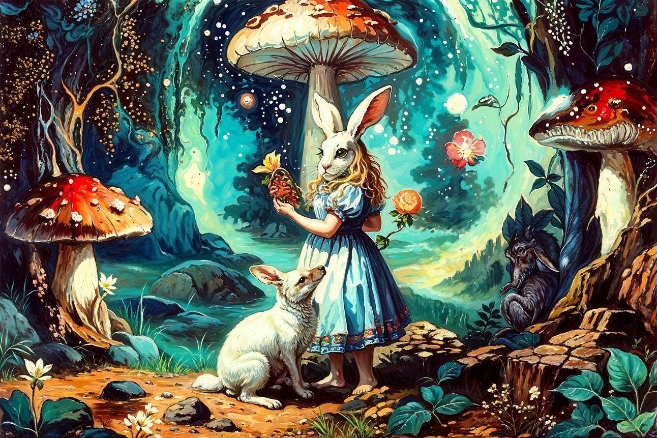 An abstract image of Alice in Wonderland in which Alice is the rabbit too