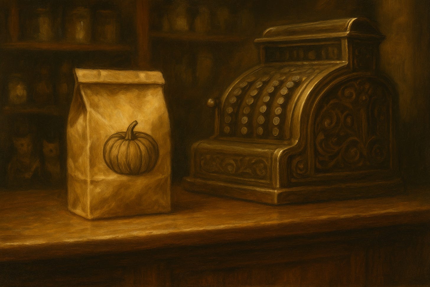 A softly lit, vintage-style scene of a wooden shop counter with an ornate brass cash register beside a brown paper bag stamped with a pumpkin illustration; warm sepia tones evoke an old-fashioned, nostalgic atmosphere.