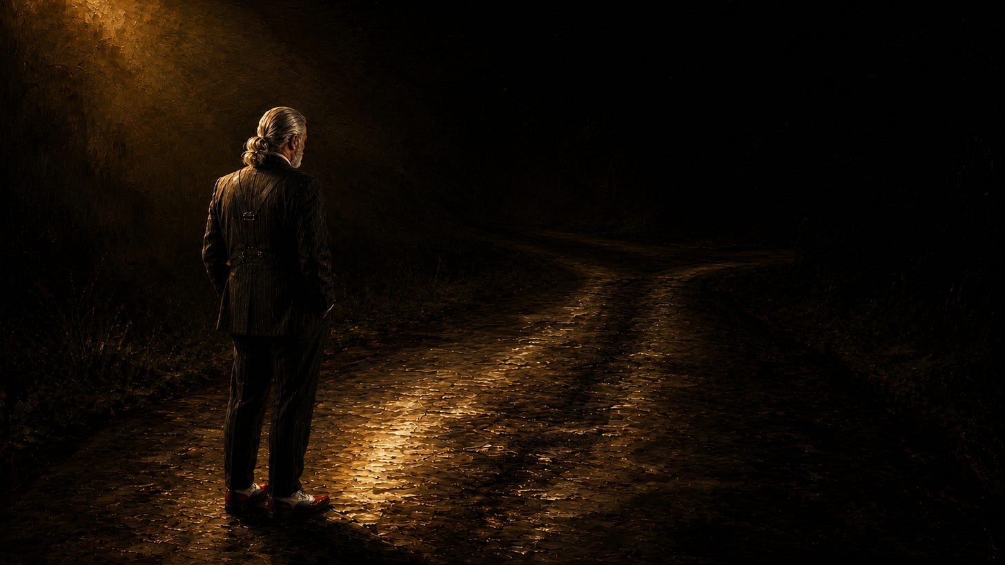 Rick Horowitz, seen from behind in a pinstripe suit, stands on a dark cobblestone road at night and looks down it as it vanishes into shadow — a chiaroscuro oil painting.