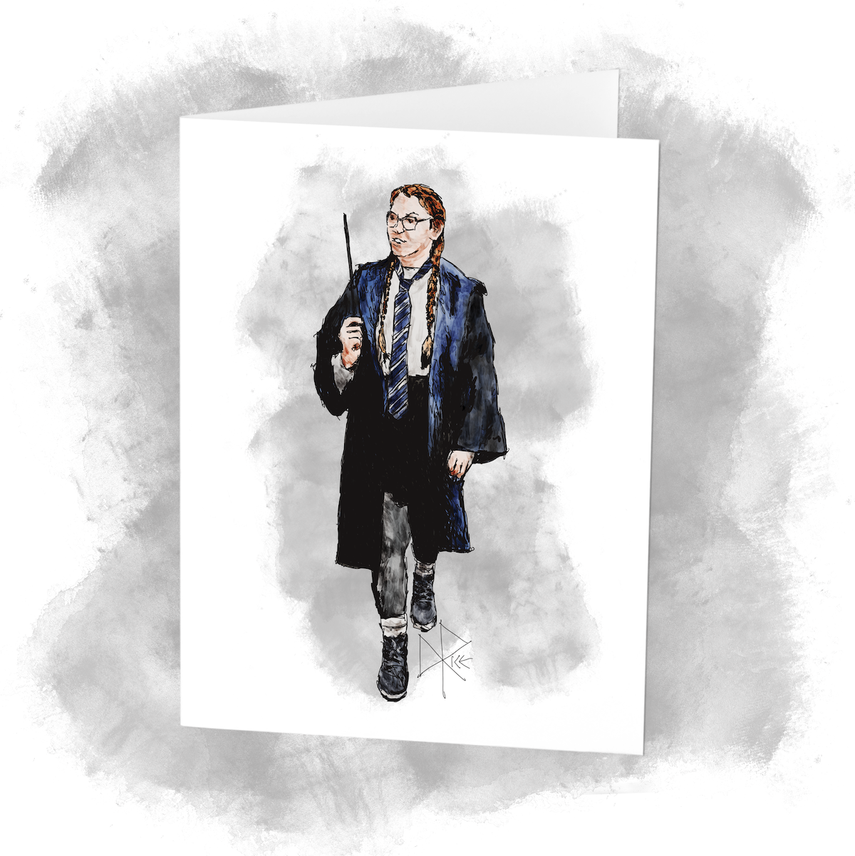 A young woman dressed as a Hogwarts boarding school student, repping her Ravenclaw magical sorting. Sketch art by Don Rice.