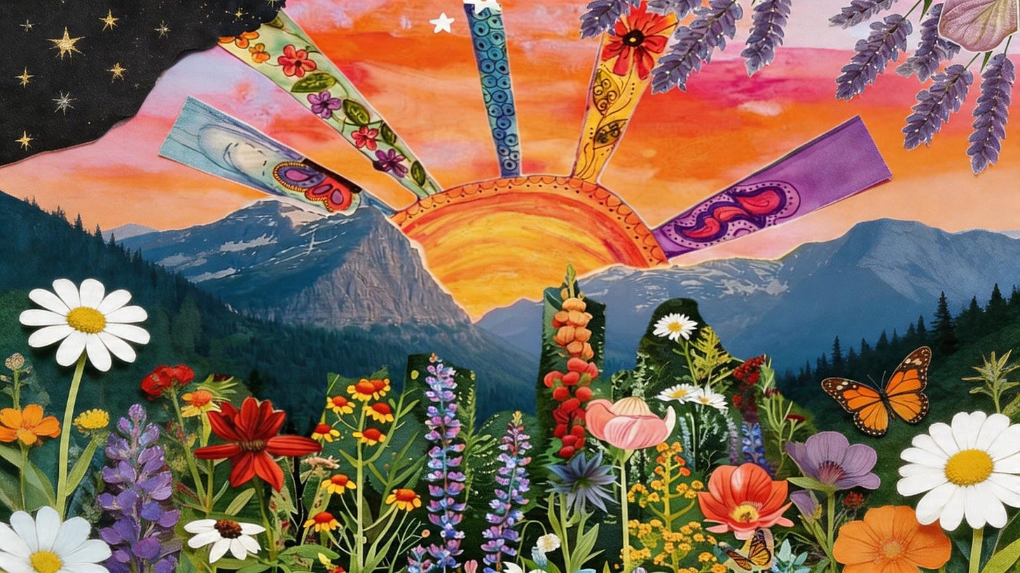 A vibrant, whimsical collage of a sunrise over blue mountains, with a glowing orange sun sending out patterned rays in different colors and designs. The foreground is filled with a dense meadow of colorful wildflowers—daisies, lupines, and poppies—along with a butterfly. The sky blends warm pinks and oranges, with small stars and lavender sprigs adding a dreamy, playful feel.