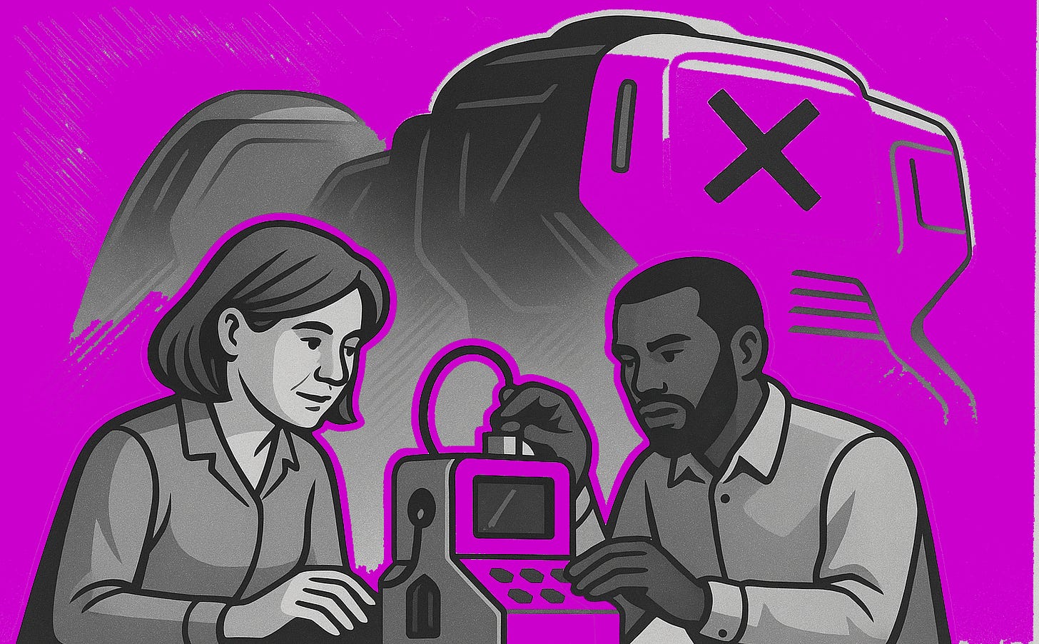 a man and woman interact with a small machine, behind them looms a large frightening machine. AI image generated using ChatGPT