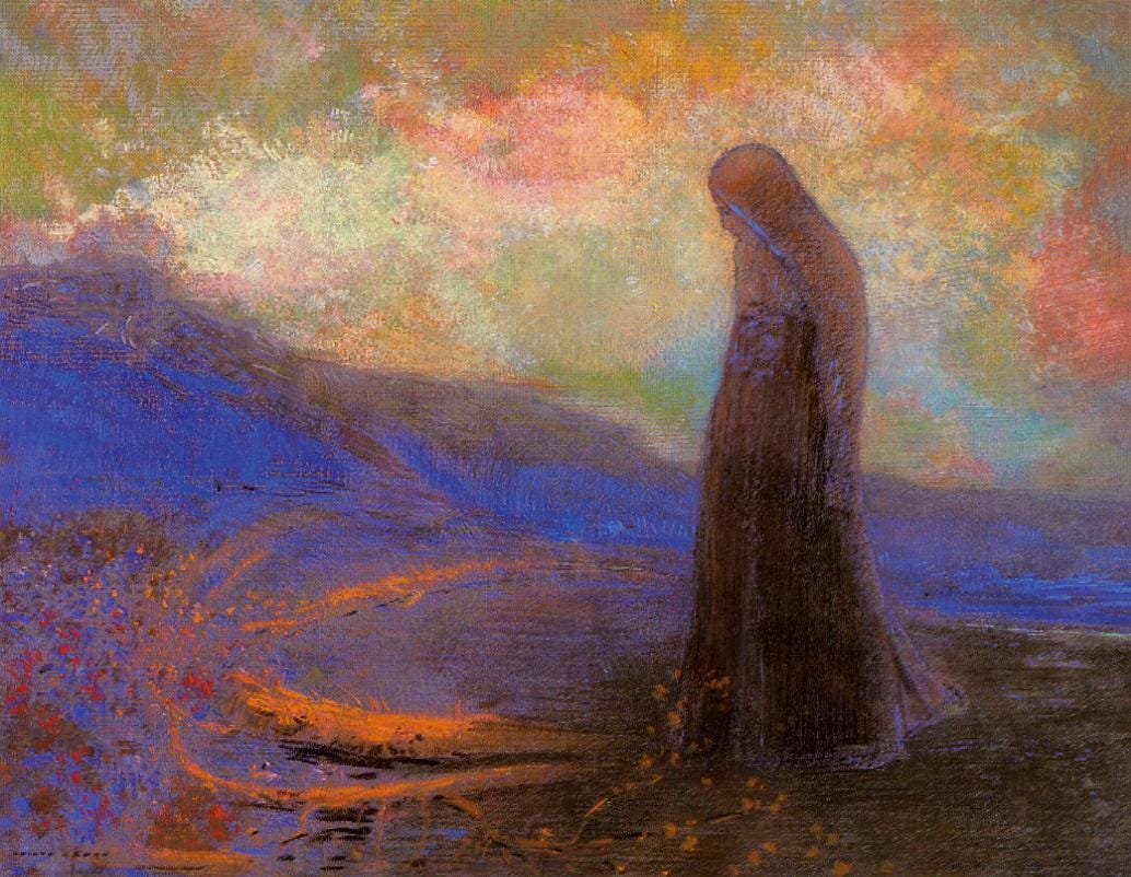 Colorful pastel painting of a vast landscape, with a feminine figure dressed in long hooded robes at right