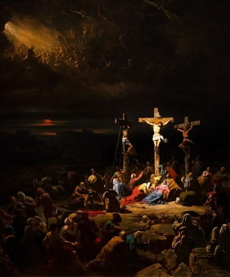 This may contain: the crucifix is shown with many people gathered around it in this painting