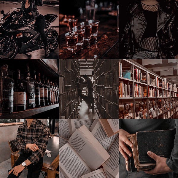 Warm-toned aesthetic moodboard featuring a woman on a motorcycle, a row of filled shot glasses, a woman wearing a mesh top and leather jacket, a row of alcohol bottles on a shelf, a couple in between the shelves of a library, shelves of books at a library, a man wearing a beige and black plaid shirt and black pants while sitting on a table, a bunch of open books, and a person carrying a stack of books in their hands