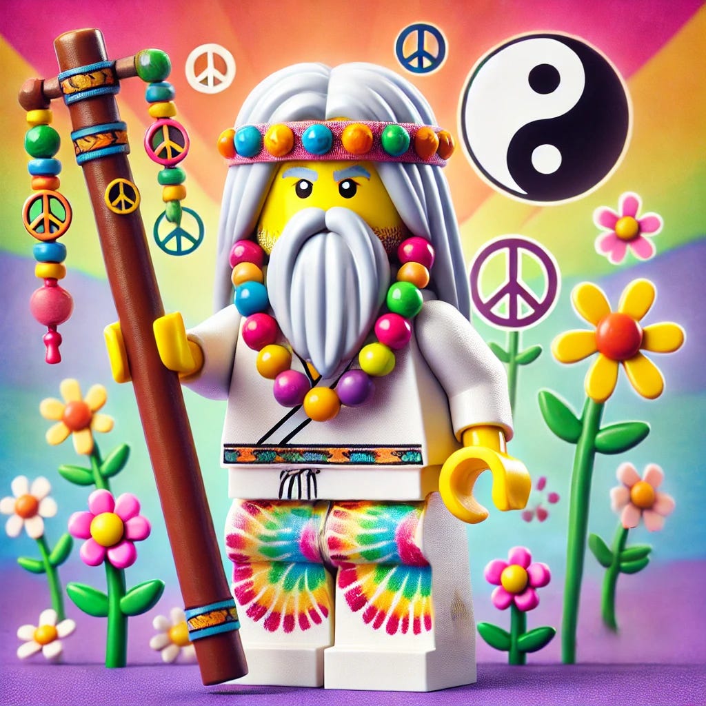 A fun and creative image of Lego Ninjago's Master Wu, reimagined as a kung fu hippie. He retains his classic white robes but now features tie-dye patterns, with colorful beads woven into his long white beard and a laid-back, peaceful expression. Master Wu is holding a staff decorated with peace signs and is surrounded by an aura of calm, with flowers, yin-yang symbols, and bright, groovy colors filling the background. The image has a playful and whimsical feel, blending martial arts wisdom with hippie vibes.