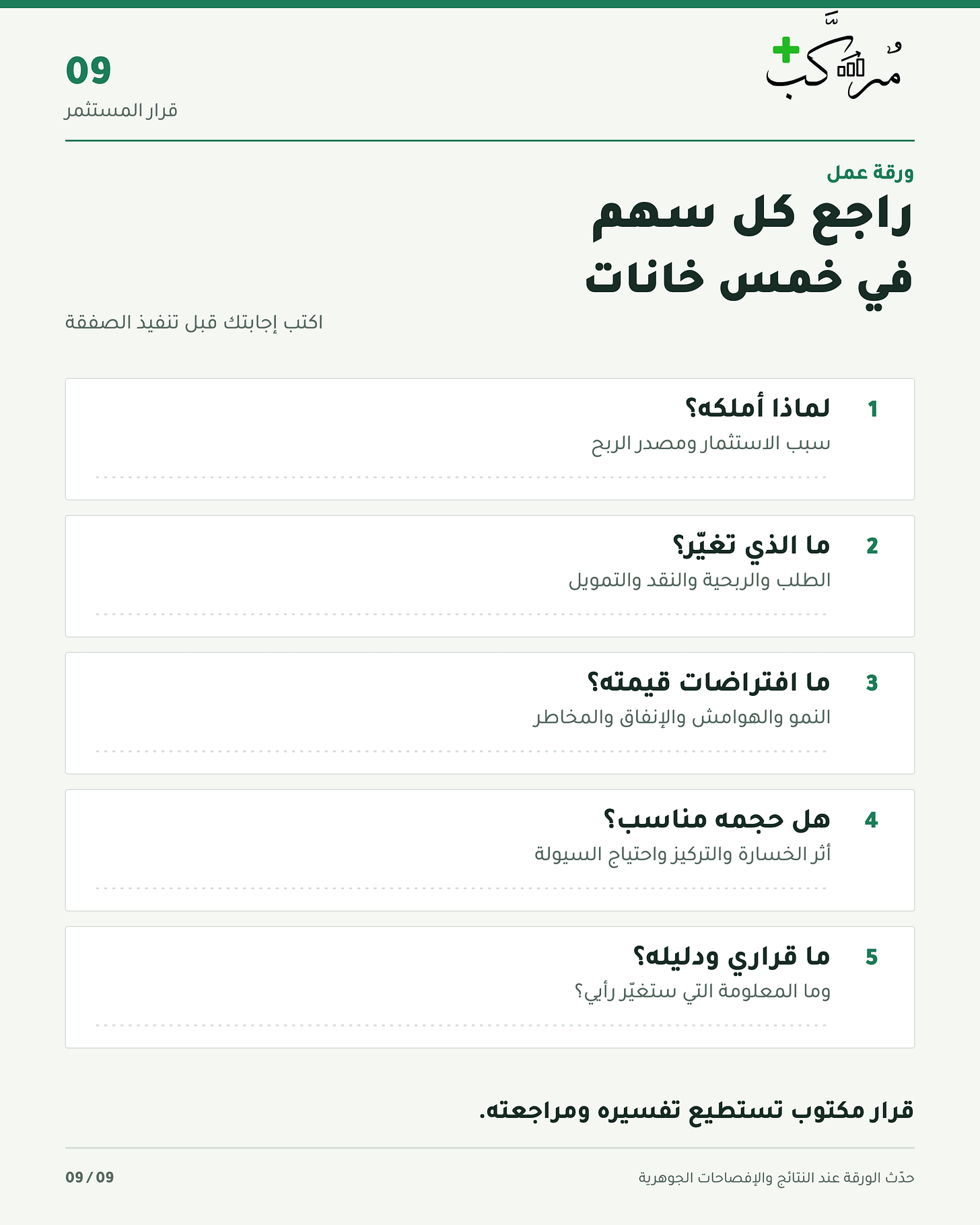 ورقة عمل من خمس خانات لمراجعة كل سهم قبل تنفيذ الصفقة ورقة عمل من خمس خانات لمراجعة كل سهم قبل تنفيذ الصفقة