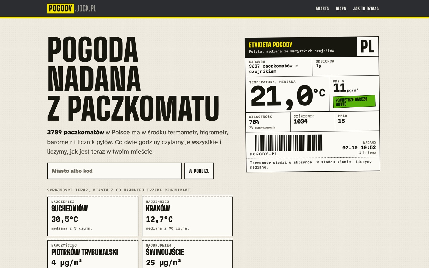 pogody.jock.pl: weather and air quality from sensors inside 3,709 InPost parcel lockers, parcel-label hero and locker-wall chart pogody.jock.pl: weather and air quality from sensors inside 3,709 InPost parcel lockers, parcel-label hero and locker-wall chart