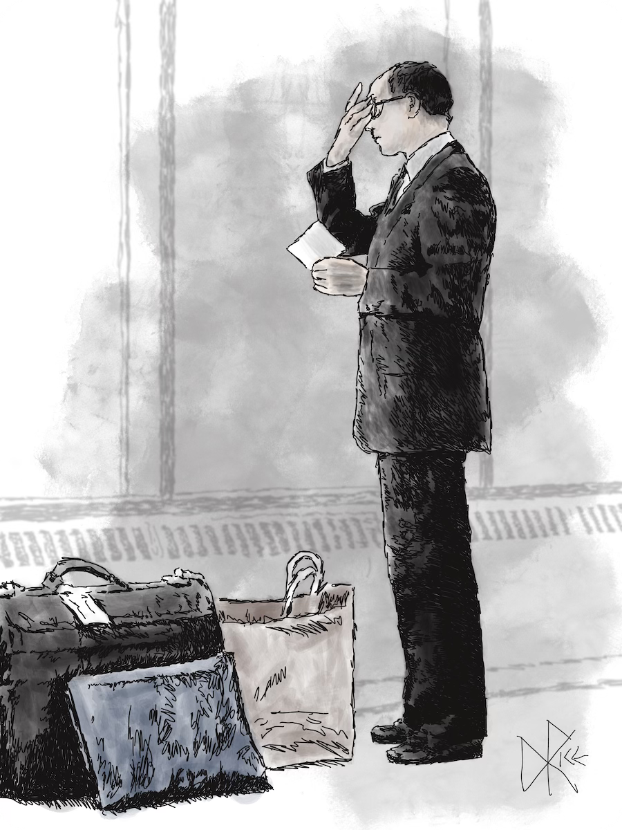 A man waits for airplane boarding call. Sketch art by Don Rice. A man waits for airplane boarding call. Sketch art by Don Rice.
