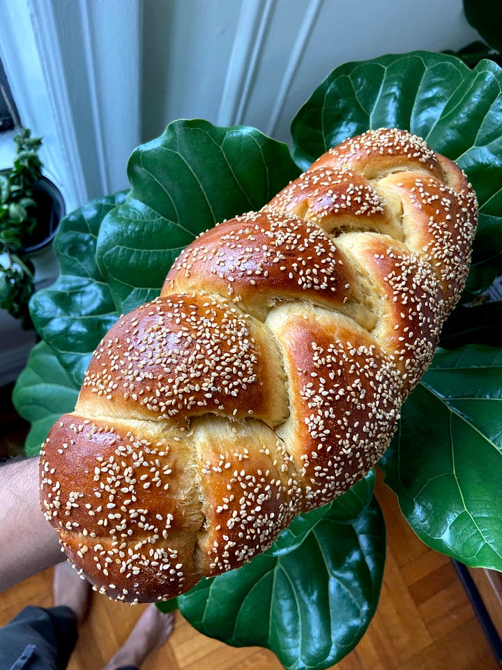 Hand holding sourdough boule, hand holding sesame challah