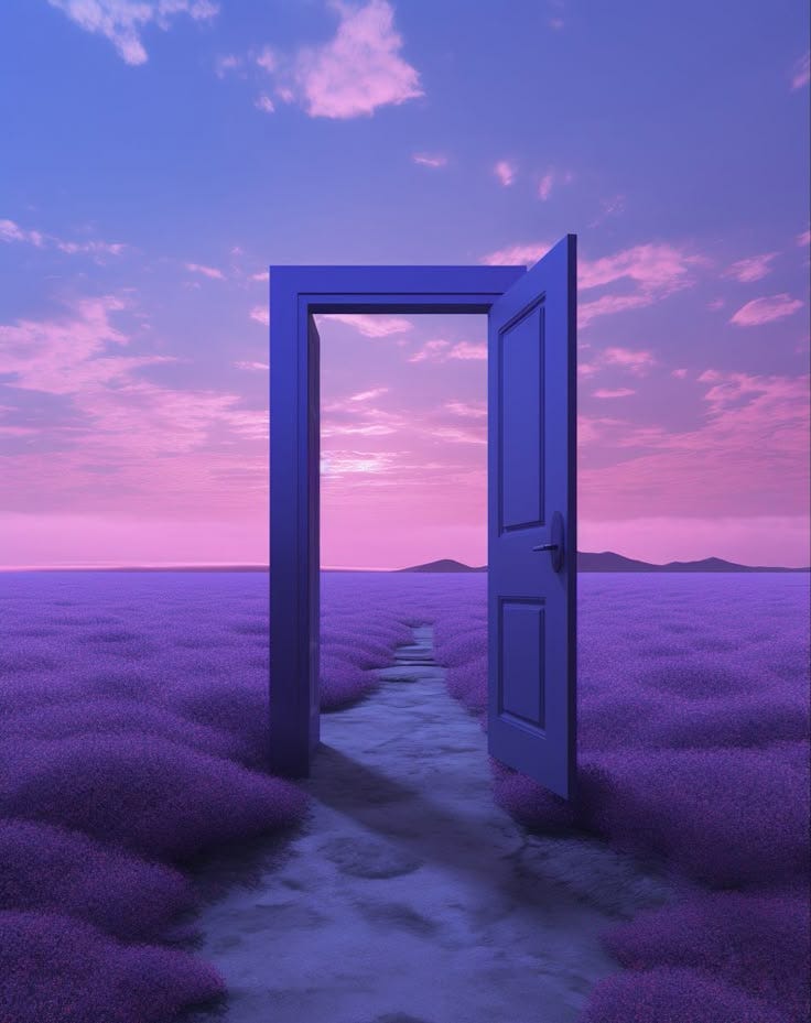 This may contain: an open door in the middle of a lavender field