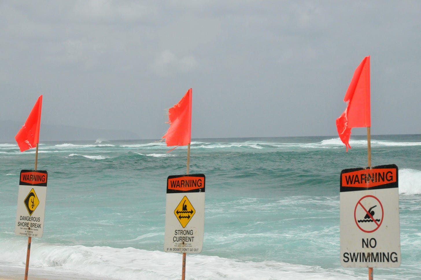 Red and white warning signs about no swimming and strong currents. Choppy ocean waves are in the background.