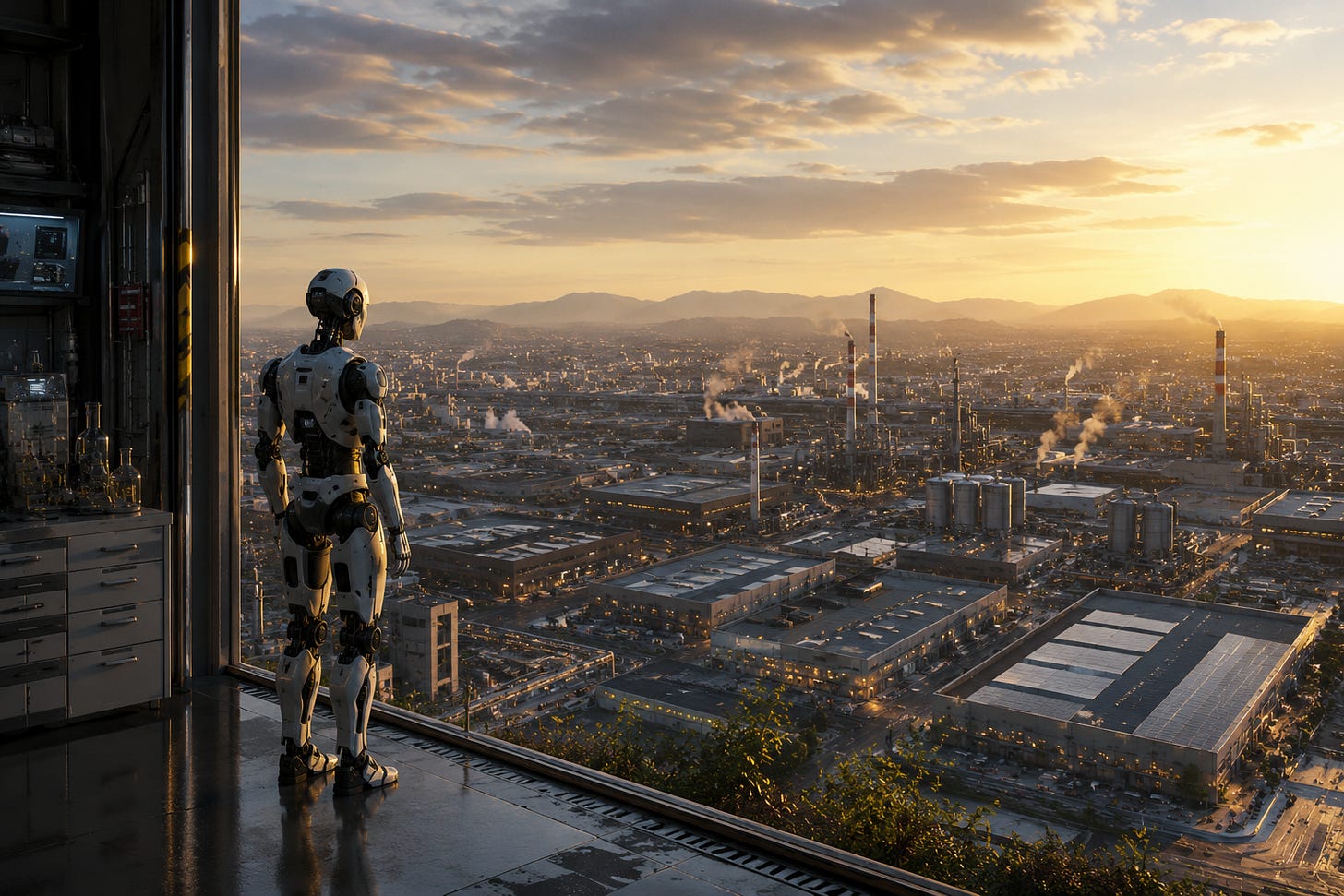 Humanoid robot overlooking a vast industrial cityscape at sunset in a cinematic futuristic scene.