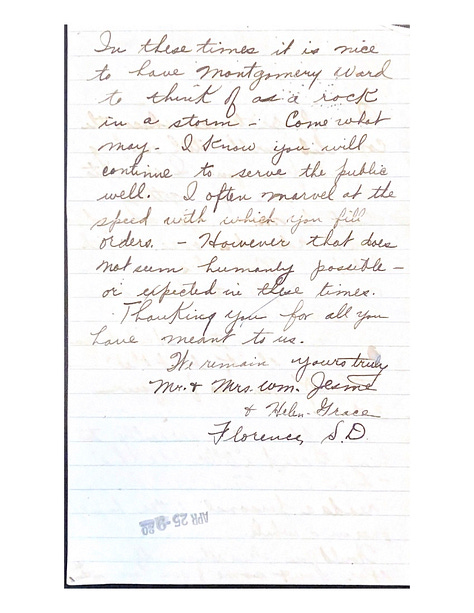 a letter written by Helen Jesme to Montgomery Ward in 1942