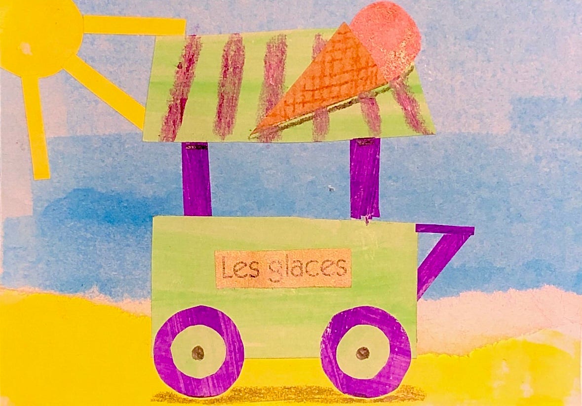 Ce collage est majoritairement composé de morceaux de feuilles d'imprimante pré-peintes. En partant de l'arrière-plan vers le premier plan, on voit le ciel, la mer, du sable sur lequel est garé un chariot de marchand de glaces avec un cornet de glace géant sur le toit. Un soleil est collé en haut à gauche.