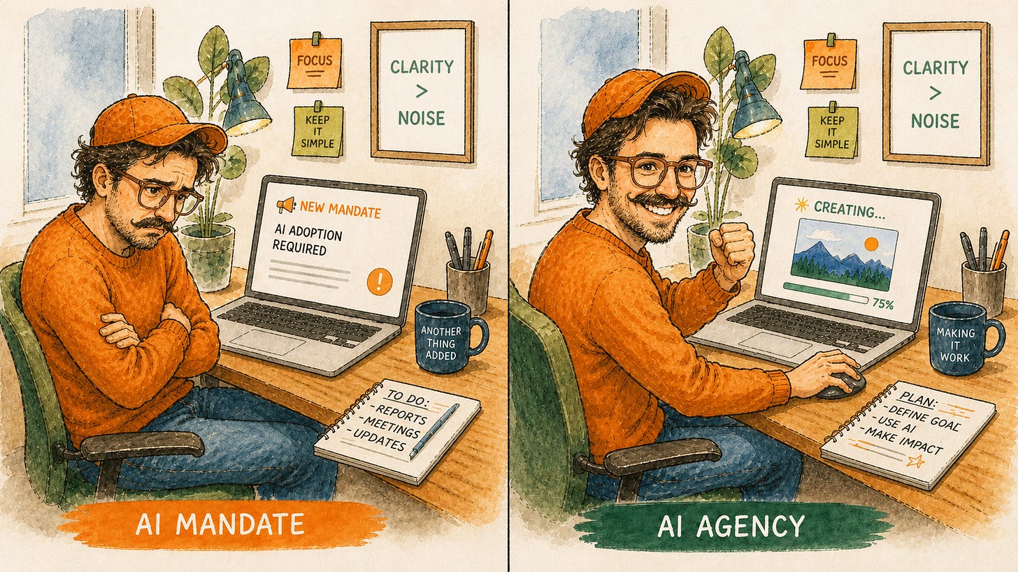 Split scene: on the left, a worker sits with arms crossed in front of a laptop displaying an AI initiative announcement; on the right, the same person leans forward, engaged, having chosen to start something themselves Split scene: on the left, a worker sits with arms crossed in front of a laptop displaying an AI initiative announcement; on the right, the same person leans forward, engaged, having chosen to start something themselves