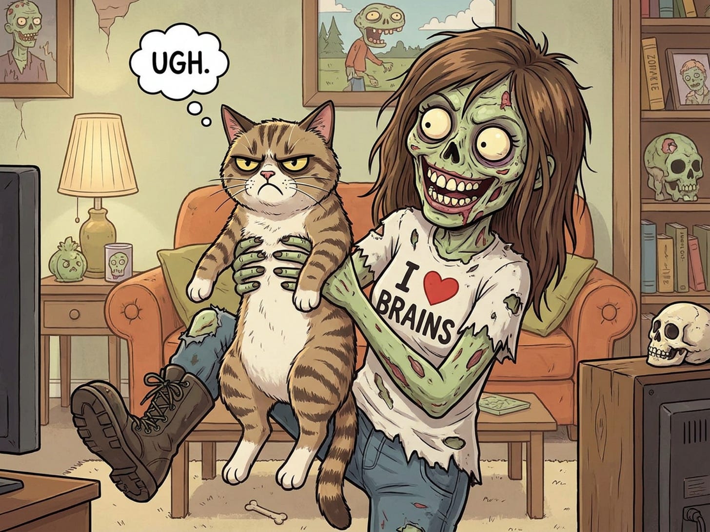 Cartoon of zombie female holding a pissed-off cat.