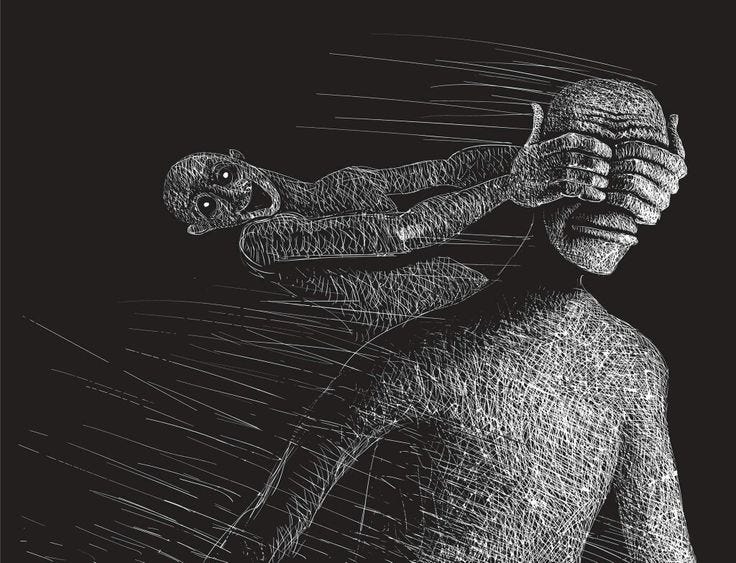 This may contain: a black and white drawing of a human being held back This may contain: a black and white drawing of a human being held back