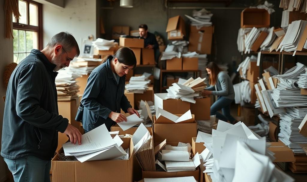 people rifling through paper and boxes
