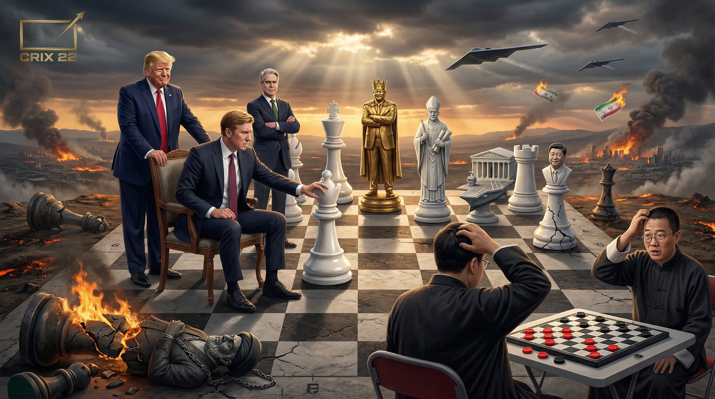 On a ruined battlefield‑chessboard, Trump and advisers calmly direct a giant chess game with pieces shaped like leaders, banks, and courts, while Prophet Jiang and another man sit at a small checkers board in the corner, clutching their heads, illustrating Crix22’s claim that Jiang’s Iran prophecy is playing the wrong game entirely.