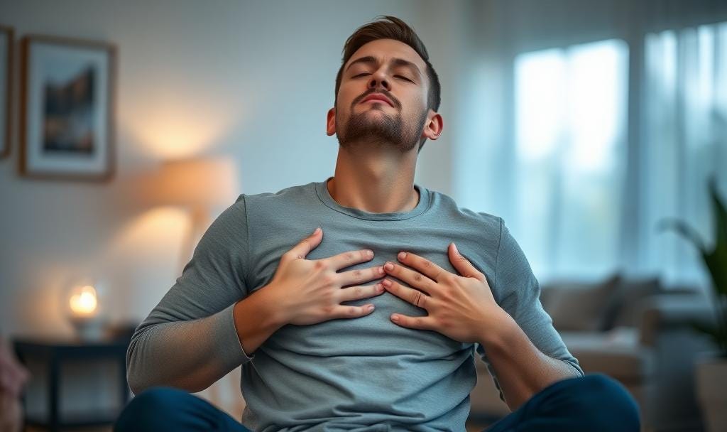 a man sitting in his room with his hands on his chest breathing as he manages his anxiety