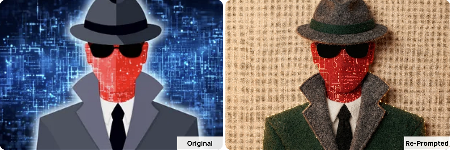 A two-panel comparison created by Karo (Product With Attitude) using a Nano Banana restyling prompt. The left panel shows the original digital illustration of a mysterious figure in a trench coat, hat, and sunglasses — a stylized “cyber spy” silhouette with a glowing blue circuit-board background. The character’s face is rendered as a flat red surface filled with abstract digital circuitry.  In the right panel, the same character has been transformed using Nano Banana into a tactile, felt-and-wool craft aesthetic. The trench coat, collar, and hat now appear made from thick wool, felt, and stitched fabric, giving the figure a handcrafted, cosy, Nordic look. The face retains its circuit-board pattern but is now integrated into a soft, cloth-like material, blending the digital identity with a warm, physical texture.  The glowing cyber backdrop has been replaced with a raw beige linen surface, enhancing the tactile and hygge-inspired design. The overall transformation illustrates how Nano Banana can convert a hard-edged cyber illustration into a craft-style, fibre-rich, handcrafted visual while keeping the original character intact.  Themes include: AI restyling, cosy Scandinavian textures, felt-craft character design, digital-to-tactile transformation, hygge aesthetics, and AI-generated visual ASMR.