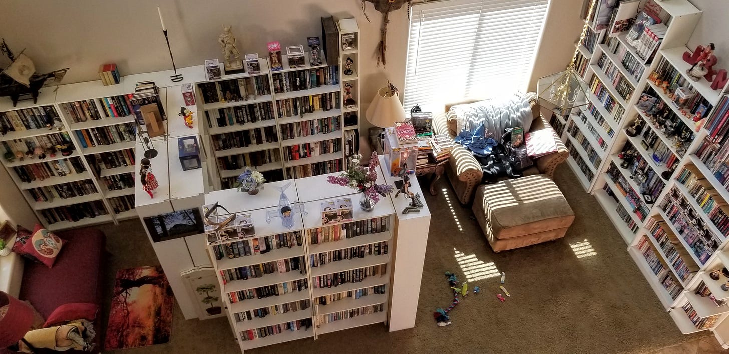 Many white bookcases full of books