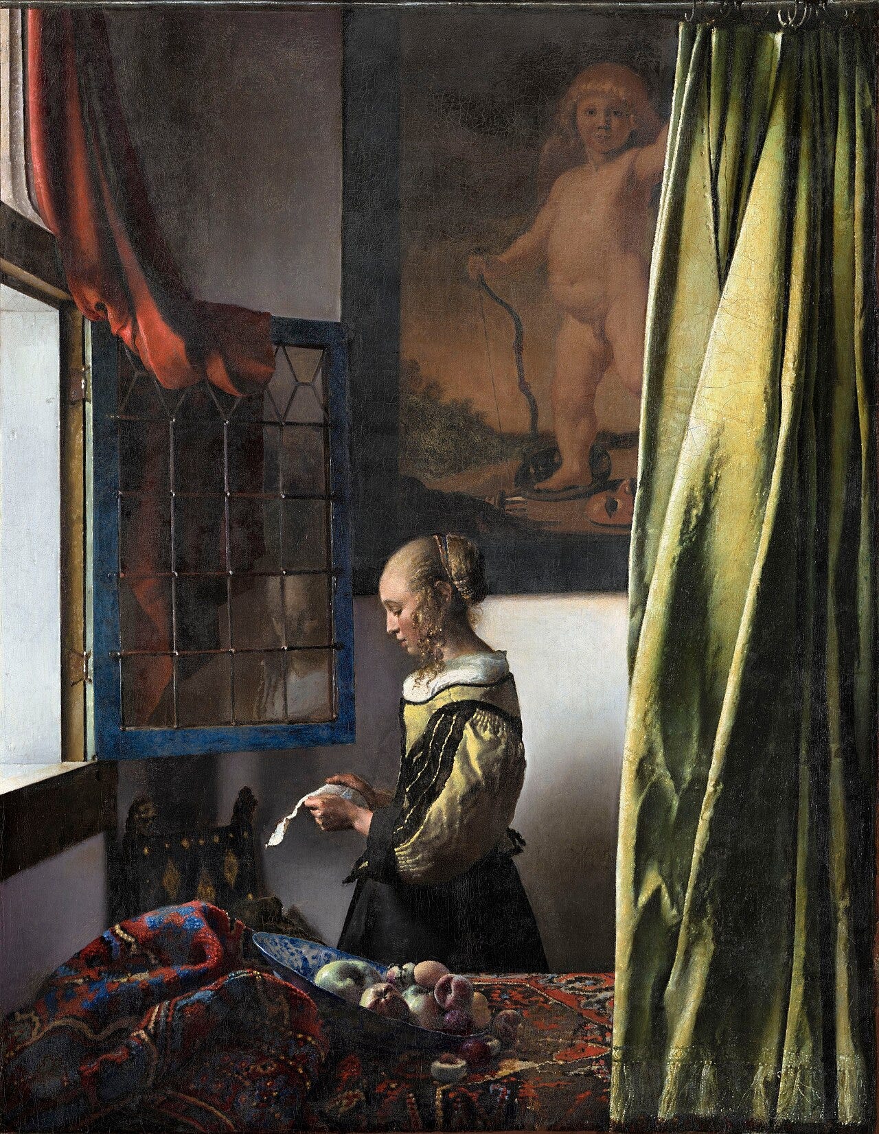 Vermeer's girl reading a letter alone by an open window Vermeer's girl reading a letter alone by an open window