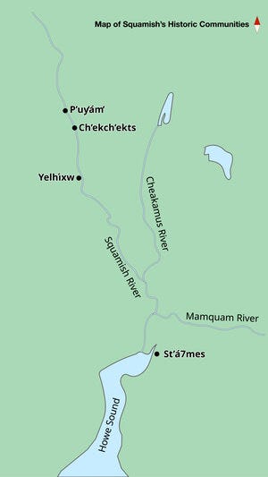 Map of a few of Squamish’s historic communities in the Squamish Valley, including P’uy̓ám̓, Ch’ekch’ekts, Yelhíx̱w, and St’á7mes.
