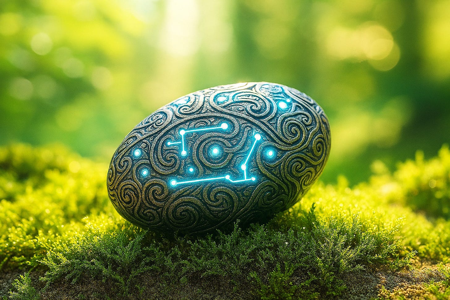 A brightly lit, close-up photo of a mysterious, glowing alien artifact discovered in a sunlit forest.