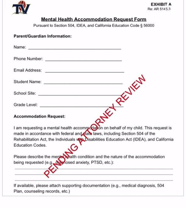 A document titled "Mental Health Accommodation Request" with fields for parent/guardian name, phone number, email address, student name, school site, grade level, and accommodation request. The text includes references to federal and state laws, including Section 504, the Rehabilitation Act, Individuals with Disabilities Education Act, and California Education Codes. Red text overlay reads "PENDING REVIEW" across the document.