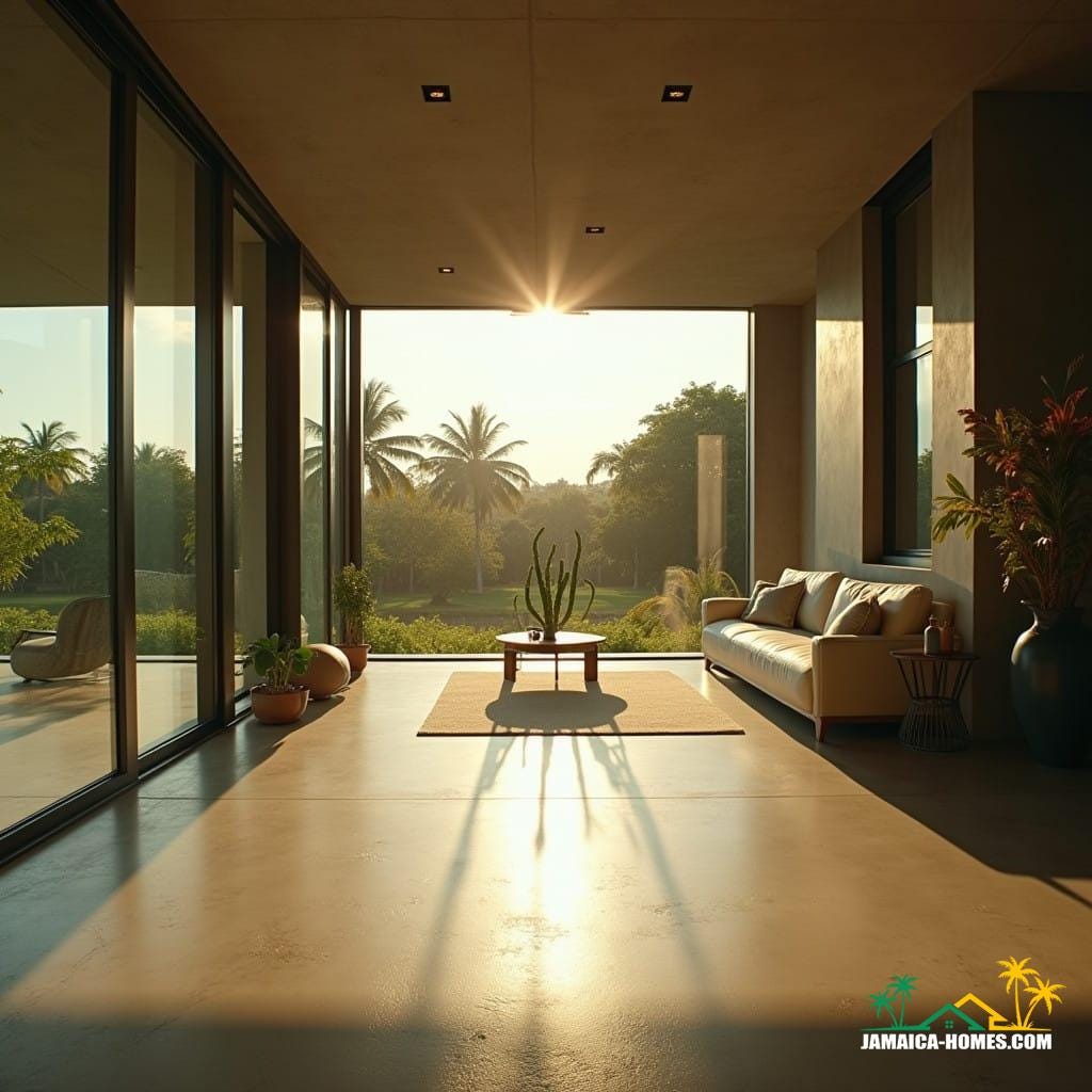 Modern Jamaican home with sleek, minimalist architecture and expansive windows, warm sunlight spilling in to highlight the Polished Concrete flooring's subtle sheen. Cinematic film still, captured with the high-end aesthetic of a v-raptor XL camera, exhibiting a nuanced film grain and a delicate vignette that draws the viewer's eye. Rich, vibrant colors pop against the neutral tones of the interior, thanks to meticulous color grading and post-processing that evokes the timeless feel of 35mm film. Dramatic lighting sculpts the space, casting long shadows and accentuating the textures of the concrete and surrounding materials, imbuing the scene with a deep sense of atmosphere and tension, reminiscent of the works of cinematographers such as Emmanuel Lubezki, Roger Deakins, and Hoyte van Hoytema. Modern Jamaican home with sleek, minimalist architecture and expansive windows, warm sunlight spilling in to highlight the Polished Concrete flooring's subtle sheen. Cinematic film still, captured with the high-end aesthetic of a v-raptor XL camera, exhibiting a nuanced film grain and a delicate vignette that draws the viewer's eye. Rich, vibrant colors pop against the neutral tones of the interior, thanks to meticulous color grading and post-processing that evokes the timeless feel of 35mm film. Dramatic lighting sculpts the space, casting long shadows and accentuating the textures of the concrete and surrounding materials, imbuing the scene with a deep sense of atmosphere and tension, reminiscent of the works of cinematographers such as Emmanuel Lubezki, Roger Deakins, and Hoyte van Hoytema.