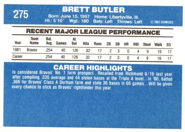 1982 Donruss Brett Butler (back)