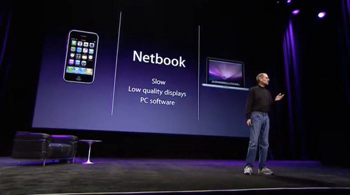 Could it be a Netbook. But netbooks are slow, low quality displays, and run crappy PC software.