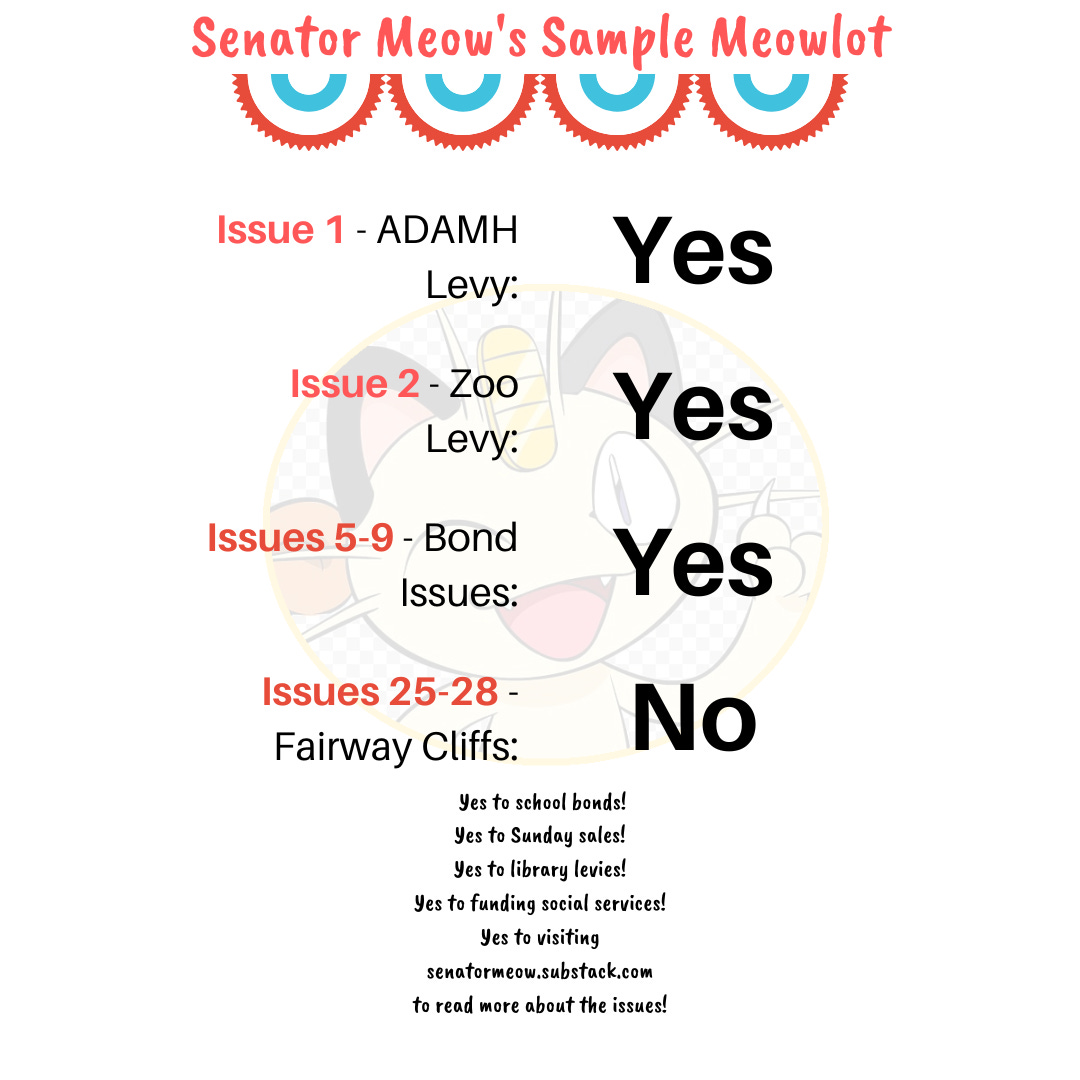 Senator Meow's Sample Meowlot Issue 1 ADAMH Levy YES; Issue 2 Zoo Levy YES; Issues 5-9 Bond Issues YES; Issues 25-28 Fairway Cliffs NO; Yes to school bonds, Sunday sales, library levies, funding social services. Senator Meow's Sample Meowlot Issue 1 ADAMH Levy YES; Issue 2 Zoo Levy YES; Issues 5-9 Bond Issues YES; Issues 25-28 Fairway Cliffs NO; Yes to school bonds, Sunday sales, library levies, funding social services.