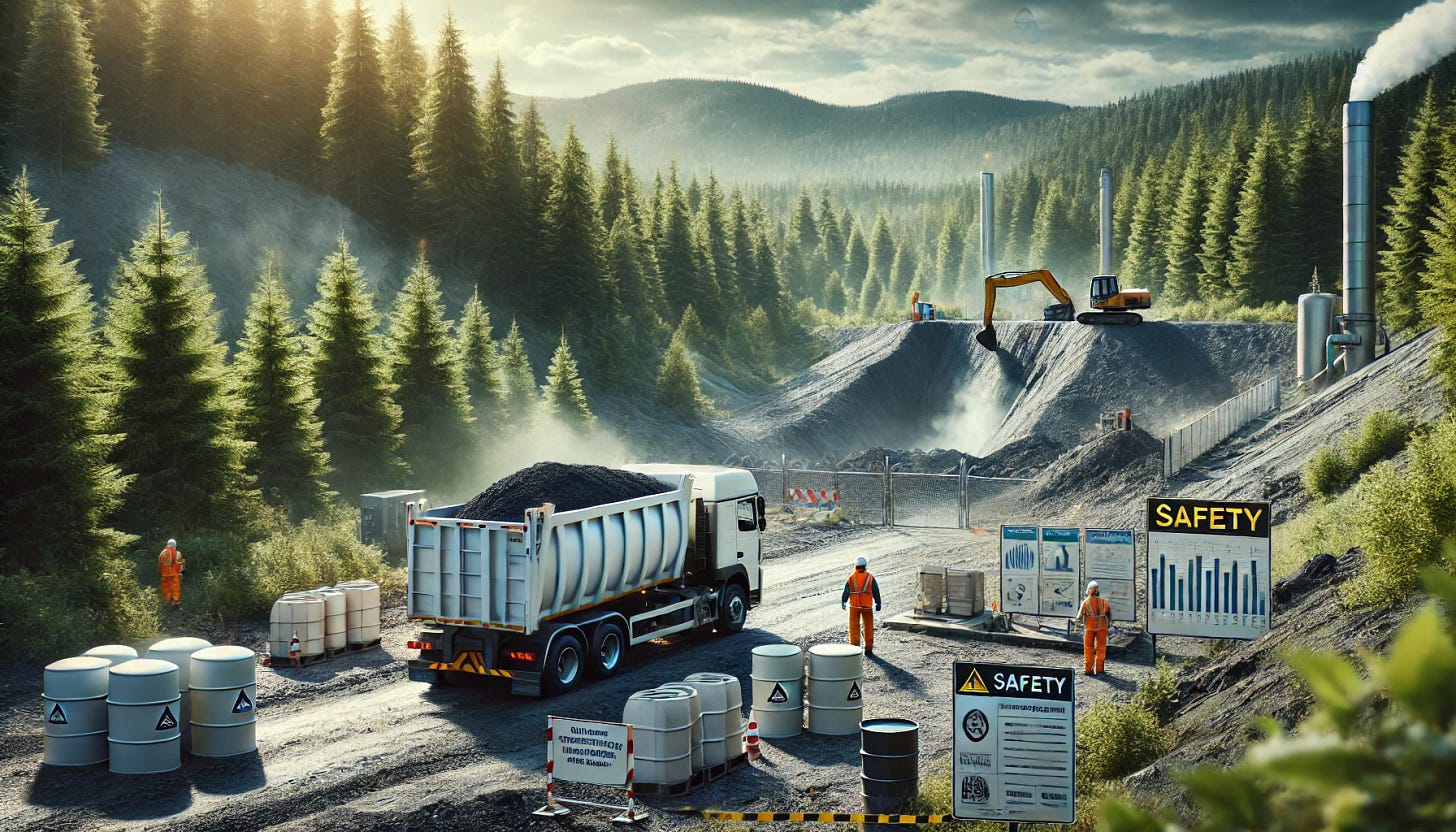 A high-resolution image depicting an environmental remediation project in a rural area. The scene shows a large truck dumping soil into a secured landfill site surrounded by a forest. Safety signs, workers in protective gear, and testing equipment are visible, emphasizing environmental monitoring and safety. The atmosphere is clean and professional, focusing on the process of managing contaminated soil responsibly.