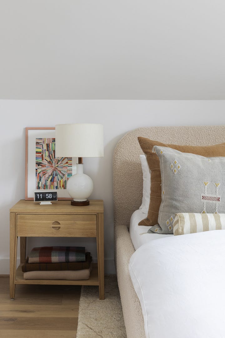 bedroom, bedroom design, interior design, primary bed, king bed, side table styled, styling, bedroom rug, side chair, velvet, wool, art, lamp, clock, Schoolhouse, Lulu & Georgia