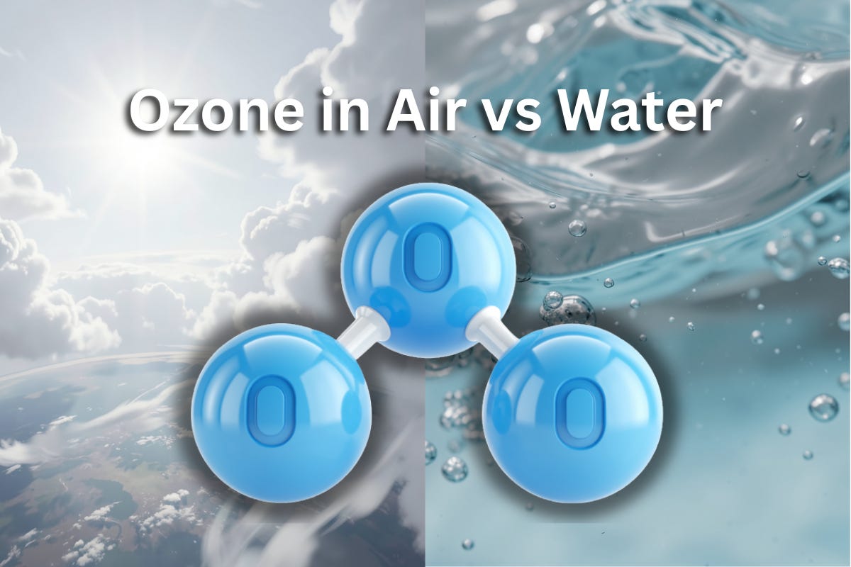 Illustration comparing ozone in air and ozone in water, showing the same molecule in different environments