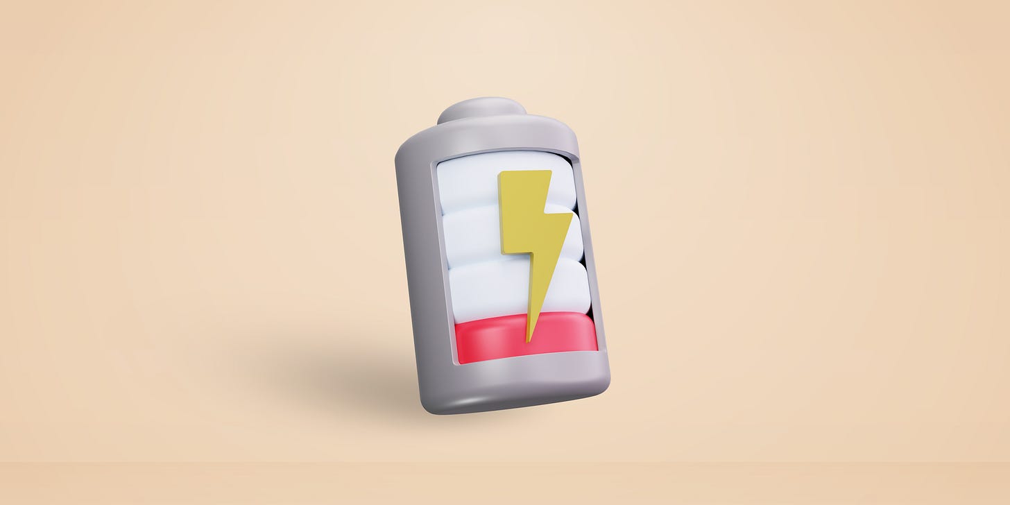 3D low-battery graphic on beige, symbolizing low-energy homeschool days and minimum-day planning. 3D low-battery graphic on beige, symbolizing low-energy homeschool days and minimum-day planning.
