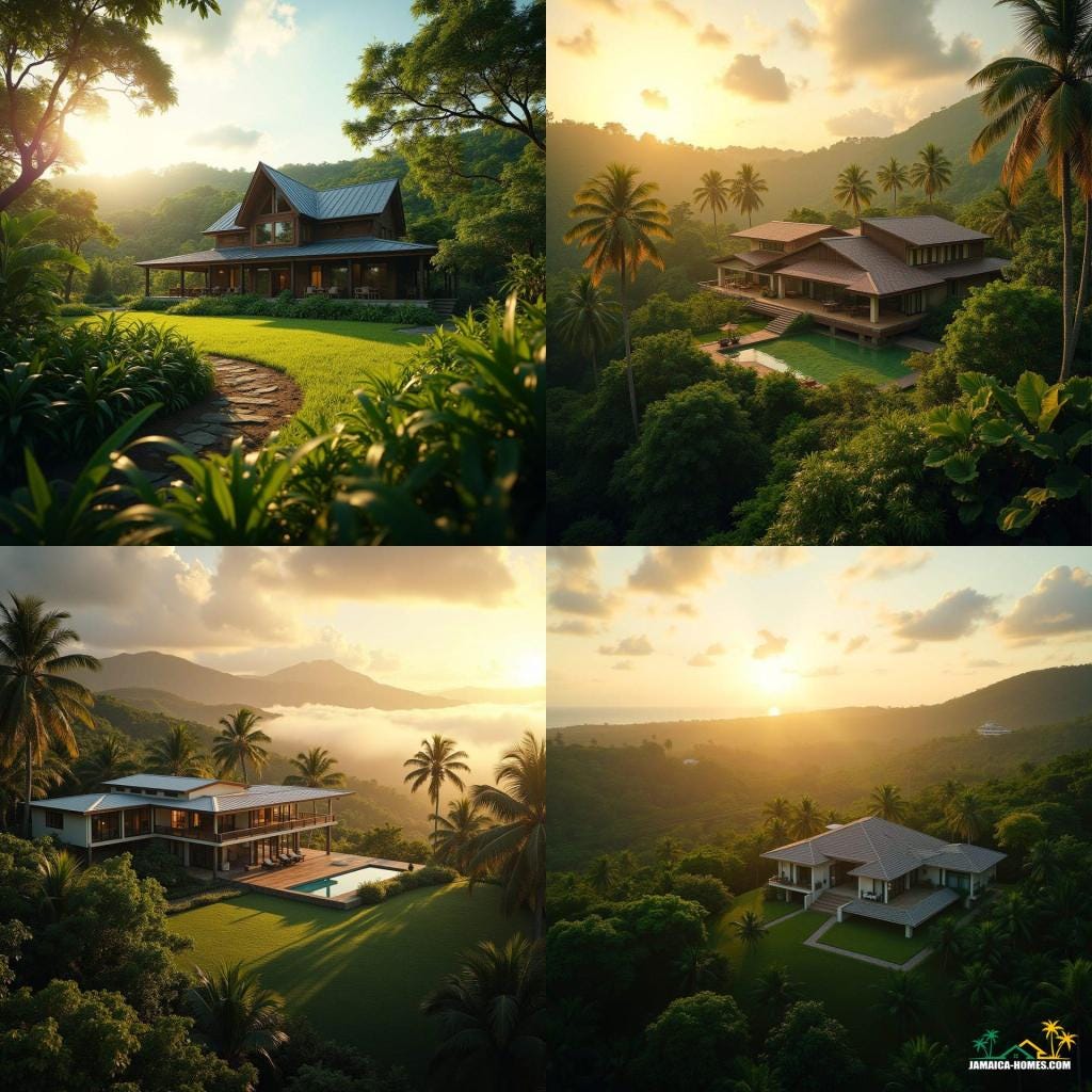 A rustic Jamaican farmhouse, its wooden facade weathered to a warm golden brown, with modern touches seamlessly integrated, including a sleek swimming pool that shimmers like a turquoise gemstone in the sunlight.