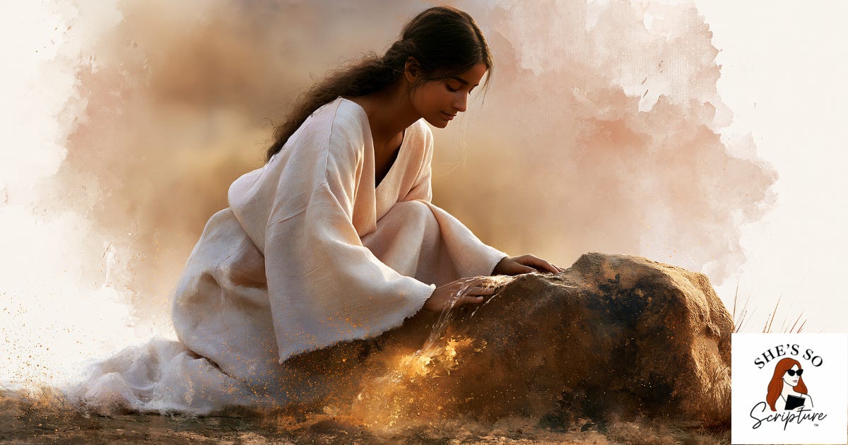 A woman in blush linen kneels beside a desert rock with water flowing from it — a whimsical illustration honoring the themes of Chukat-Balak: provision, mystery, and the faithfulness of God in the wilderness.