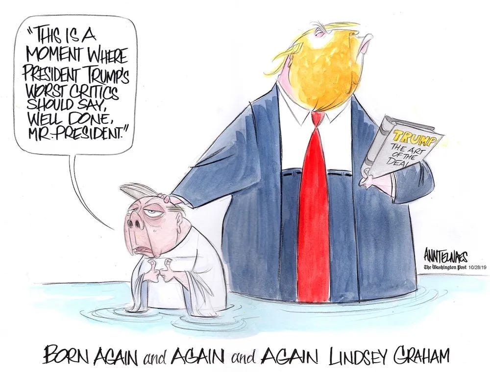 Cartoon Trump baptizing Lindsey Graham Cartoon Trump baptizing Lindsey Graham