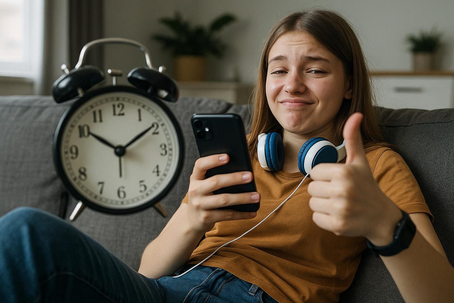 Teen Relaxing on Sofa with Phone and Alarm Clock Teen Relaxing on Sofa with Phone and Alarm Clock